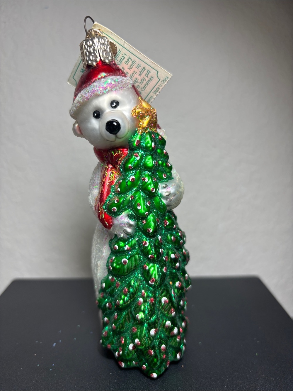 Glass White Bear Ornament with Green Christmas Tree and Red Hat